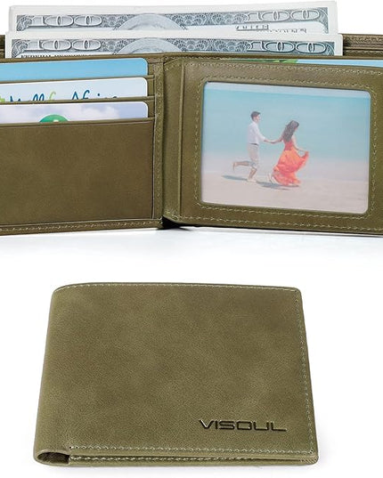 VISOUL Men's Bifold Wallet with 2 ID Windows, Genuine Leather Card Holder Front Pocket Wallet with RFID Blocking for Men (Green)