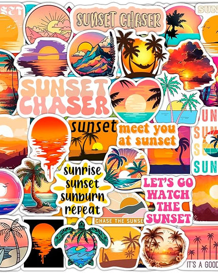 BulbaCraft Sunset Stickers - Beach Stickers, Sun Decals, Summer Decals for Water Bottle and Laptop, Palm Trees Party Supplies & Decorations, Beachy Stuff, Gifts for Women & Men