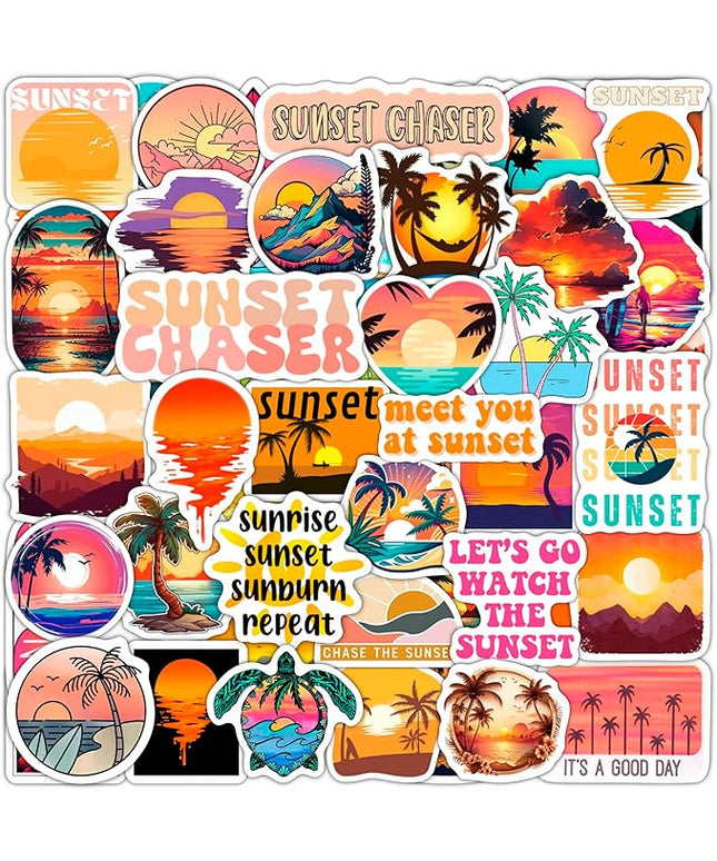 BulbaCraft Sunset Stickers - Beach Stickers, Sun Decals, Summer Decals for Water Bottle and Laptop, Palm Trees Party Supplies & Decorations, Beachy Stuff, Gifts for Women & Men