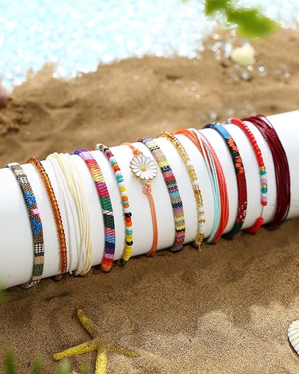 LOLIAS 24 Pieces Waterproof String Bracelets for Women Surfer Wave Boho Bracelet Adjustable Handmade Friendship Bracelet String Ocean Beach Boho Bracelets Anklets for Women