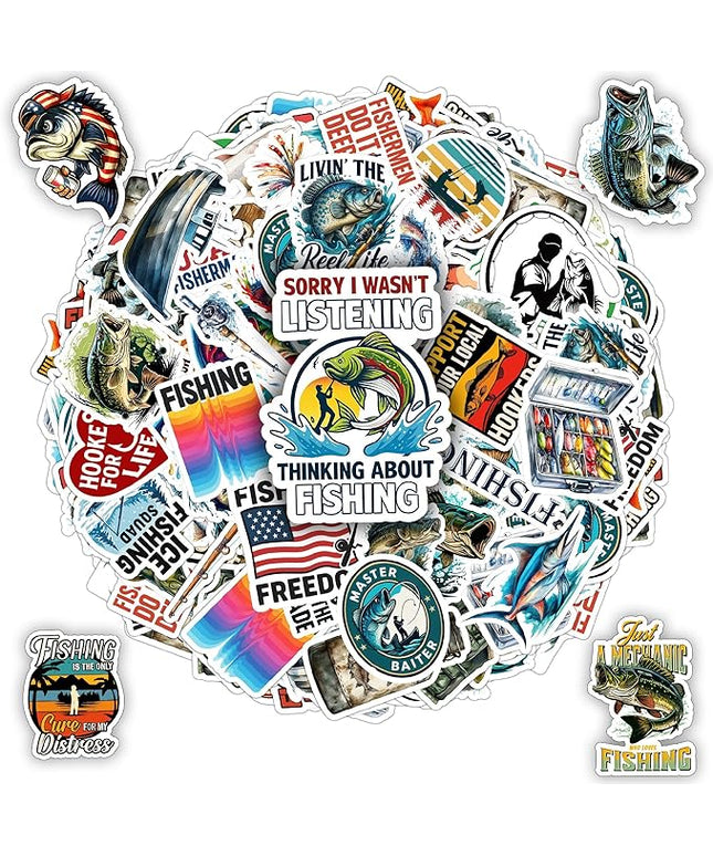 Fishing Stickers Pack 100 PCS Funny Fish Sticker Waterproof Vinyl for Water Bottles, Scrapbook, Tackle Box, Gift for Men, Son, Adult, Teen Car Birthday Gifts Decal