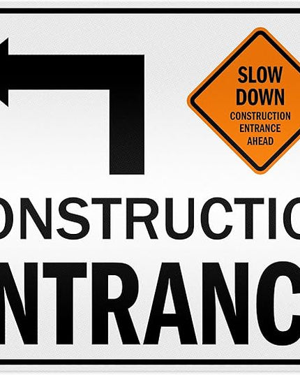 Slow Down Construction Entrance Ahead With Left Arrow Sign, 24x30 Inches, 3M EGP Reflective .080 Aluminum, Fade Resistant, Made in USA by My Sign Center