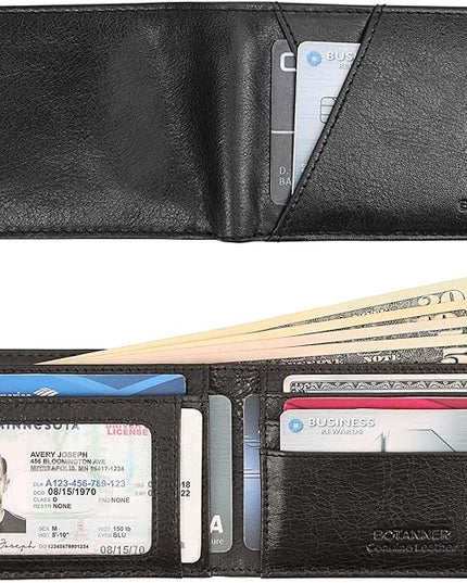 BOTANNER Genuine Leather Mens Bifold Wallet RFID Blocking 7 Credit Card Slots 1 ID Window 1 Section for Bills 2 Additional Slots | Jet black