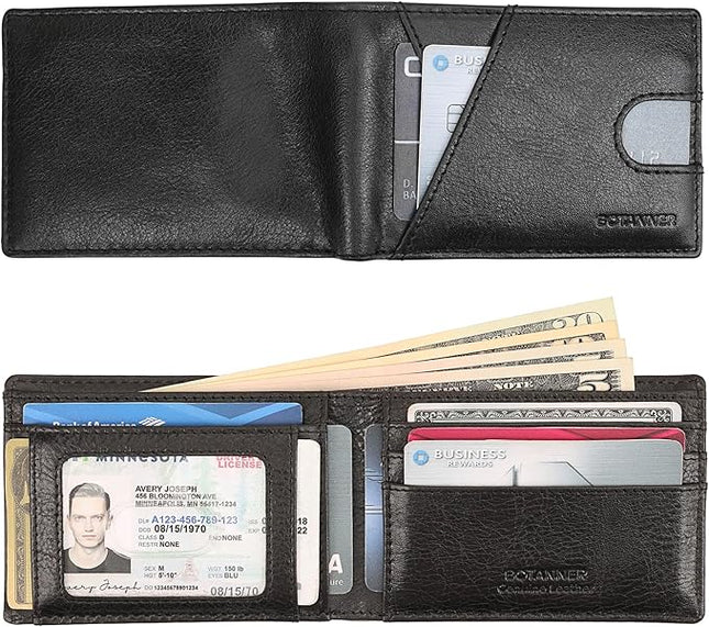 BOTANNER Genuine Leather Mens Bifold Wallet RFID Blocking 7 Credit Card Slots 1 ID Window 1 Section for Bills 2 Additional Slots | Jet black