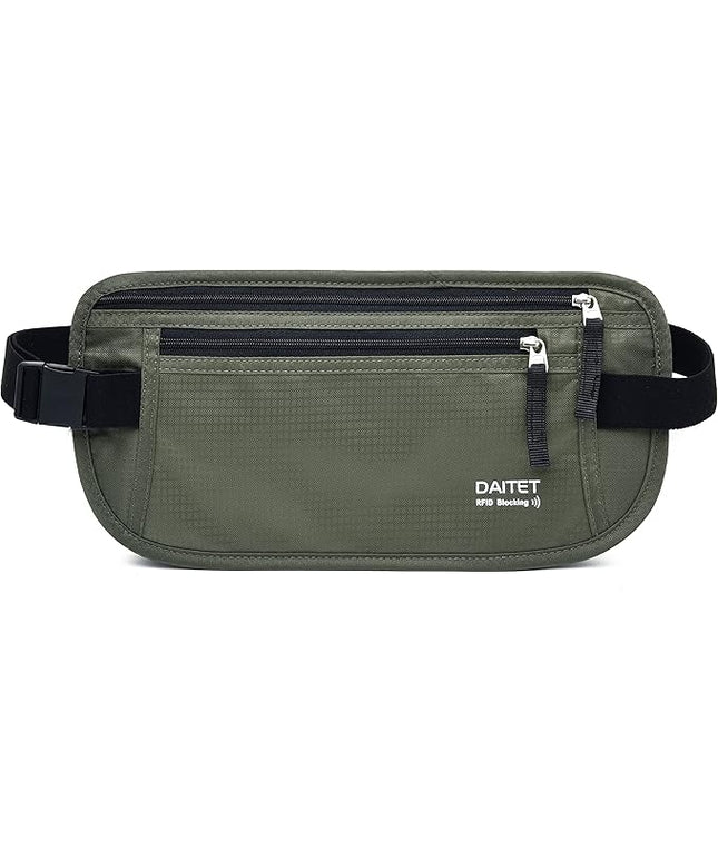 RFID Blocking Money Belt for Men Women, Slim Fanny Pack for Travel，Running,Conceal Waist Wallet for Passport Holder,Phone,Cash(Dark Olive Green)
