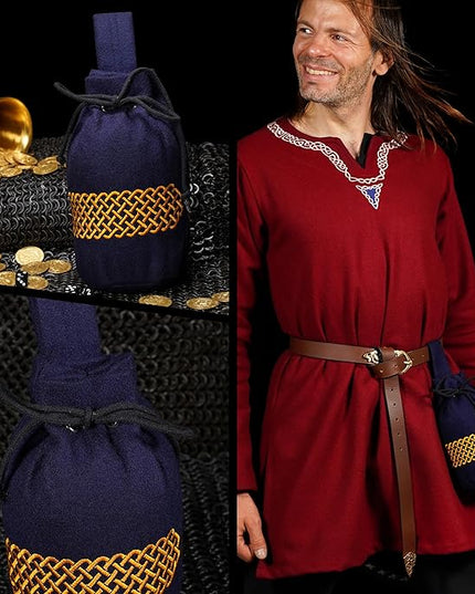 Mythrojan Drawstring Belt Pouch Renaissance Costume Accessories Medieval Woolen Celtic Embroidery Bag Jewelry Pouch Coin Purse for LARP, Festivals, Renfaire, Reenactments - Navy Blue, 8" x 6.5"
