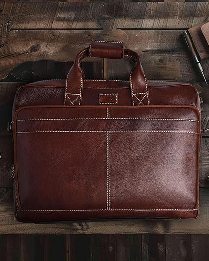 LEATHER VILLAGE 18" Leather Laptop Messenger Briefcase Bag for Men-Leather Satchel for Travel and Office Shoulder Bag-Red Brown