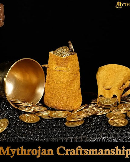 Mythrojan Small Trinket Pouches Suede Leather Drawstring Coin & Dice Bags for LARP, SCA, Viking & Medieval Events (Yellow - Pack of 4)