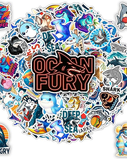 100 PCS Shark Stickers Pack, Vinyl Waterproof Decals of Cartoon Sharks Great White Hammerhead Ocean, Gift for Teens Adults Laptop Water Bottle Scrapbook Luggage Car Wall Decorative