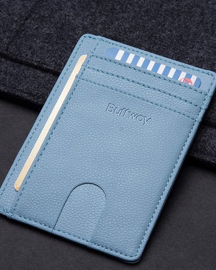 Buffway Slim Minimalist Front Pocket RFID Blocking Leather Wallets for Men and Women - Lichee Blue Grey