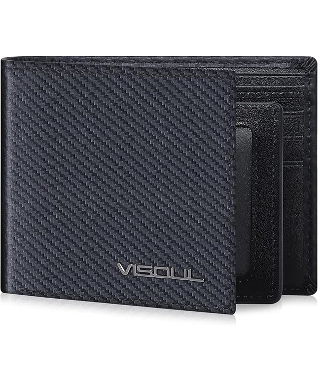 VISOUL Mens Carbon Fiber Leather Bifold Wallet with 2 ID Windows, RFID Blocking Secure Designer Wallets for Men with Two Cash Compartments (Black+Black)