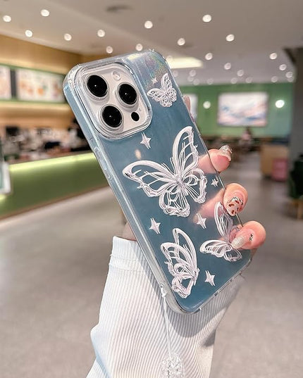 Compatible with iPhone 12 Case PC+TPU Glitter Butterfly Pattern Print, Stylish Design, with Bracelet Wrist Strap, Shockproof, Anti-Drop Case, for Women and Girls