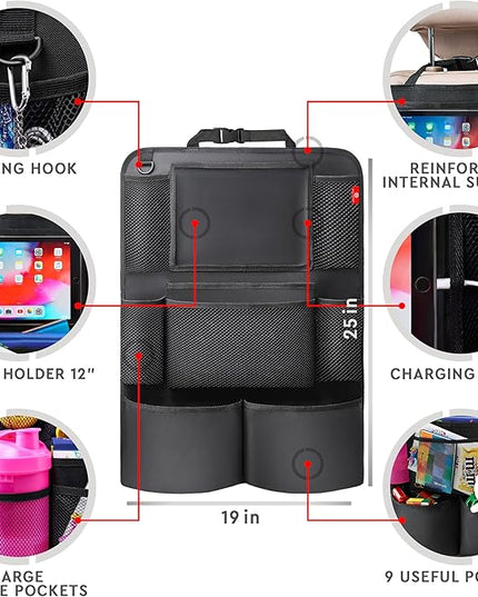 Helteko Backseat Car Organizer, Kick Mats Back Seat Protector with Touch Screen Tablet Holder, Back Seat Organizer for Kids, Travel Accessories with 9 Storage Pockets 2 Pack, Black