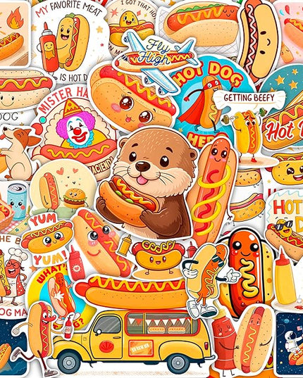 100Pcs Hot Dog Stickers Funny for Water Bottle - Hot Dog Party Decorations, Favors - Food Stickers - Gift for Women & Men