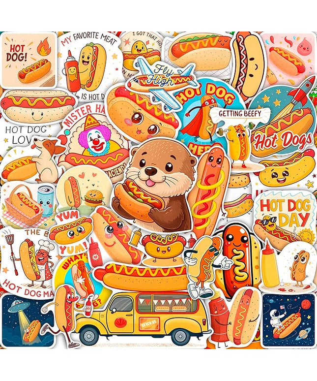 100Pcs Hot Dog Stickers Funny for Water Bottle - Hot Dog Party Decorations, Favors - Food Stickers - Gift for Women & Men