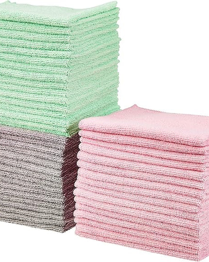 Amazon Basics Microfiber Cleaning Cloths, Ultra Absorbent, Scratch-Free, Non-Abrasive, Reusable and Washable, 16" x 12", Green/Gray/Pink, 48-Pack