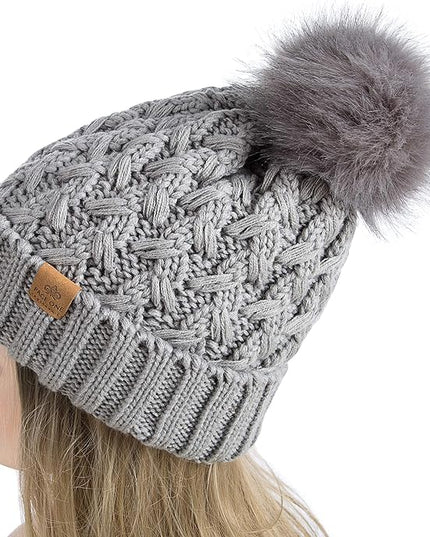 PAGE ONE Womens Winter Ribbed Beanie Crossed Cap Chunky Cable Knit Pompom Soft Warm Hat