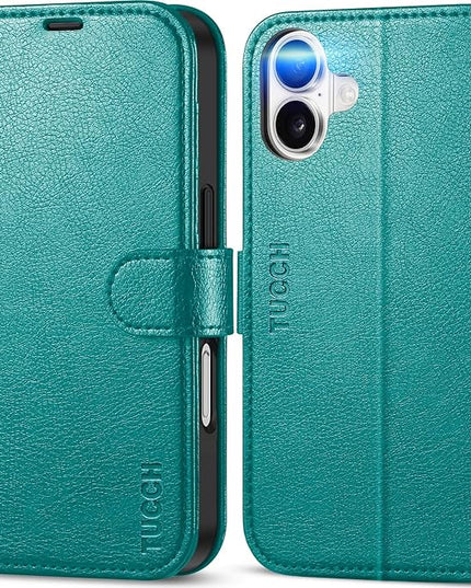 TUCCH Wallet Case for iPhone 16, [RFID Blocking] 4 Card Holder Kickstand [Shockproof TPU Interior Case] PU Leather Magnetic Closure Protective Flip Cover Compatible with iPhone 16 5G 2024, Cyan