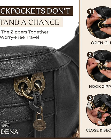 Anti Pickpocket Crossbody Bag – Large Vegan Black Leather Sling Bag with RFID & Glasses Pockets, Anti Theft Design, Multiple Compartments, Chain Detail Travel Crossbody Bag for Women