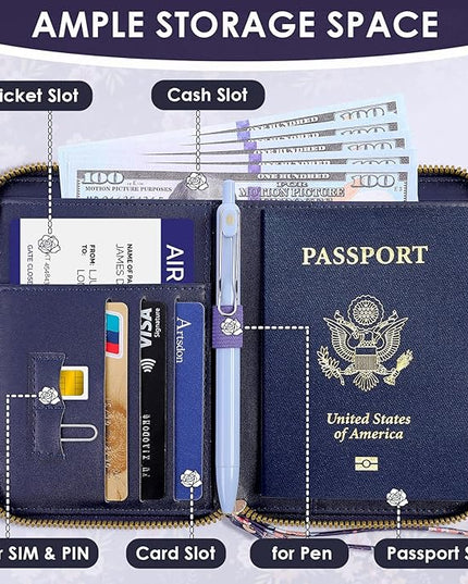 Passport Holder, Passport Holder For Travel, Passport Cover For Travel Essentials, Passport Wallet Cover RFID Blocking, Cute Passport Book for Women and Men, Navy Blue Flowers