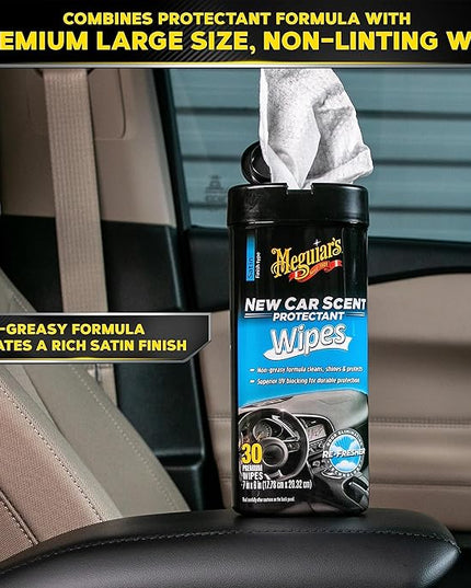 Meguiar's New Car Scent Protectant Wipes - Easy to Use Car Wipes that Protect and Freshen Your Car's Interior - Ideal for Car Detailing & Maintenance - 30 Ct