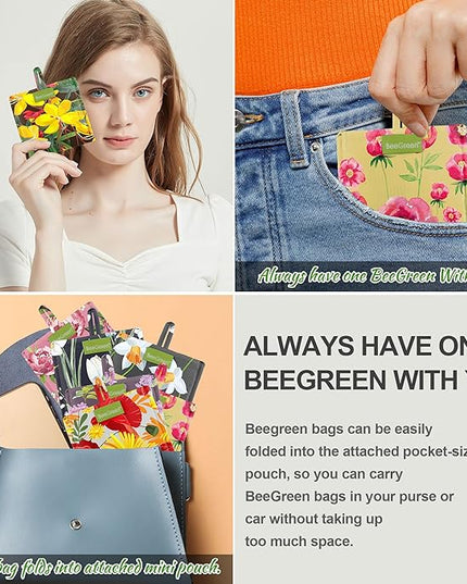BeeGreen Floral Reusable Grocery Bags Bulk 6 Packs X-Large50LBS, Reusable Shopping Bags Foldable for Groceries, Vegetables, Fruits Bulk Tote Bags Washable For Women Men