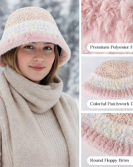 YI HENG MEI Women Knit Bucket Hat, Fluffy Winter Fisherman Hat Fuzzy Soft Warm Beanie Caps Women Cloche Caps Warm Bowler Hats
