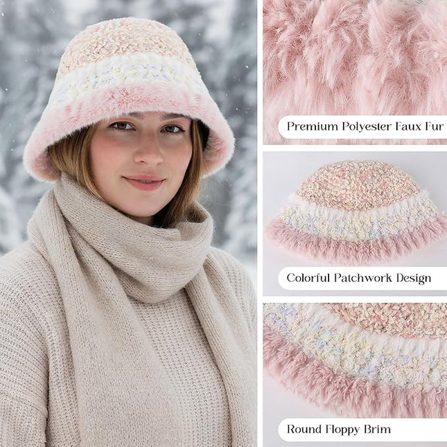 YI HENG MEI Women Knit Bucket Hat, Fluffy Winter Fisherman Hat Fuzzy Soft Warm Beanie Caps Women Cloche Caps Warm Bowler Hats