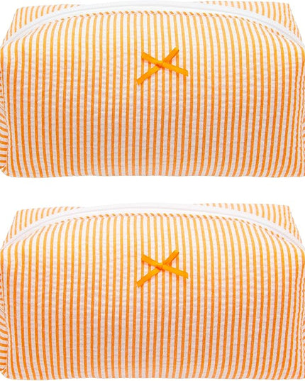 PAZIMIIK 2PCS Cozy Makeup Bag Small Aesthetic Travel Zipper Cosmetic Pouch for Women Make Up Beauty Accessories Brushes, Stripe Orange