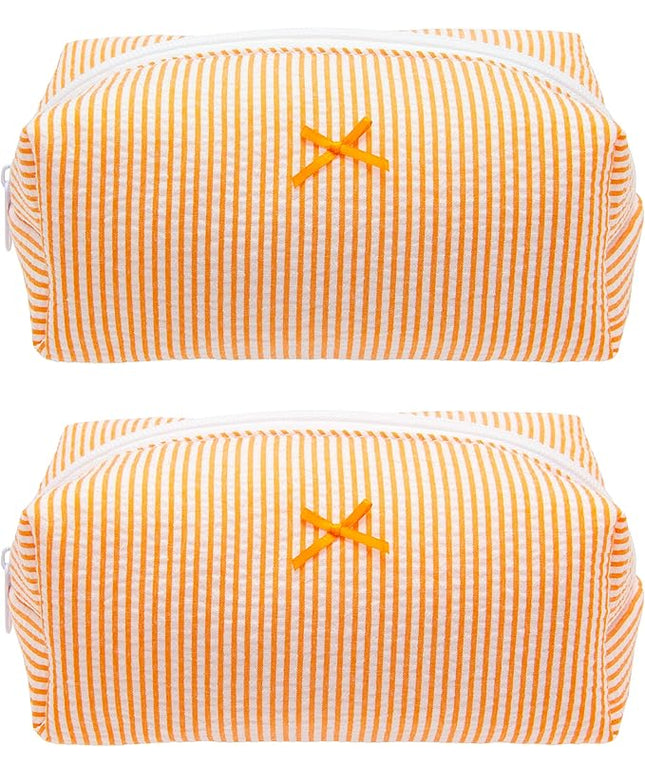 PAZIMIIK 2PCS Cozy Makeup Bag Small Aesthetic Travel Zipper Cosmetic Pouch for Women Make Up Beauty Accessories Brushes, Stripe Orange