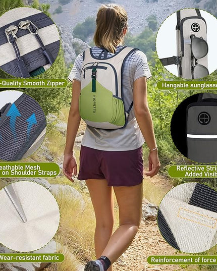 FIORETTO 15L Hiking Backpack for Women Men Mini Packable Backpack Lightweight Small Daypack for Camping Travel Outdoor, Beige and Green