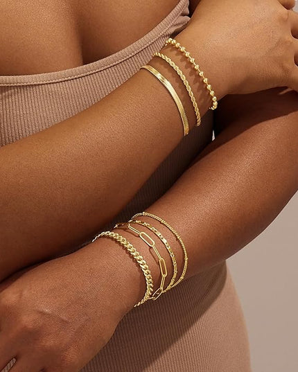 Gold Bracelets Set for Women Stack, Dainty Thick Bracelets Stack for Women Trendy, Simple Thin Gold Plated Cuff Stackable Bracelets With Beaded Cuban Paperclip Snake Rope Bangle Hand Chain Jewelry Gifts for Women Non Tainish