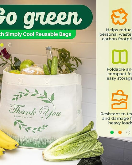 Simply Cool Reusable Grocery Bags Eco-Friendly - Reusable Shopping Bags, Heavy Duty Grocery Bags, Foldable, Tote Bags Bulk