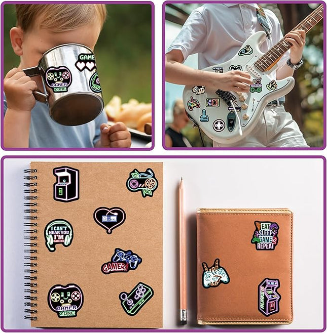 75 Pcs Neon Gamer Gamepad Kids Stickers, Game Controller Joystick Video Gaming Sticker for Water Bottle, Waterproof Decals for Teens Girls Boys Students Adults