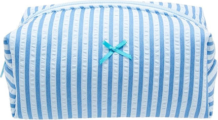 PAZIMIIK Cozy Makeup Bag Small Aesthetic Travel Zipper Cosmetic Pouch for Women Make Up Beauty Accessories Brushes, Stripe Lake Blue
