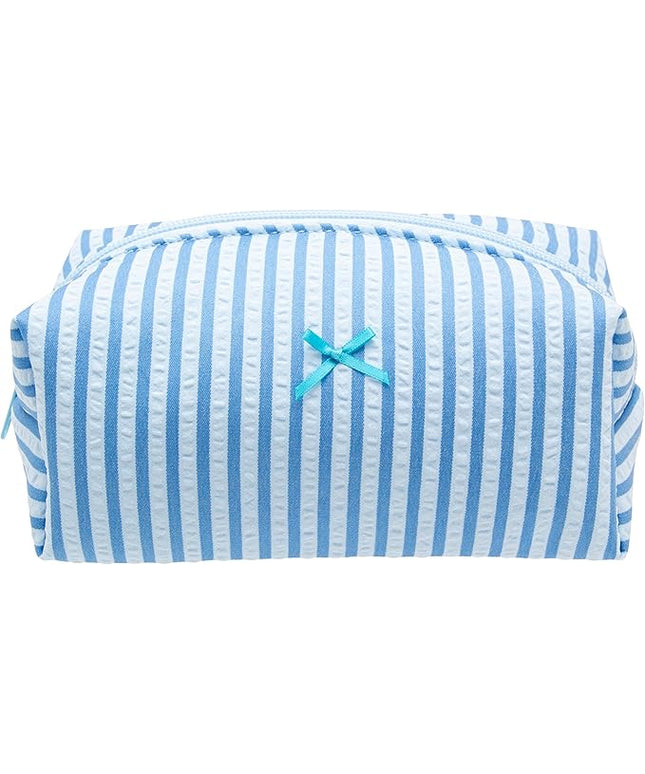PAZIMIIK Cozy Makeup Bag Small Aesthetic Travel Zipper Cosmetic Pouch for Women Make Up Beauty Accessories Brushes, Stripe Lake Blue
