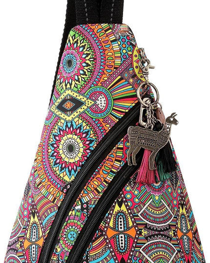 Sakroots On The Go Sling Bag for Women in Eco-Twill, Large Convertible Crossbody Backpack With Main Zipper Closer, Made From Recycled Materials - Rainbow Wanderlust