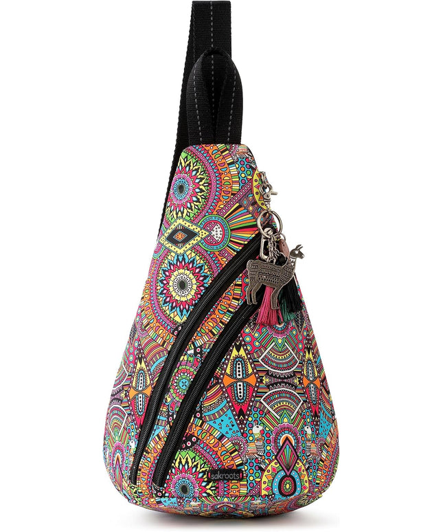 Sakroots On The Go Sling Bag for Women in Eco-Twill, Large Convertible Crossbody Backpack With Main Zipper Closer, Made From Recycled Materials - Rainbow Wanderlust