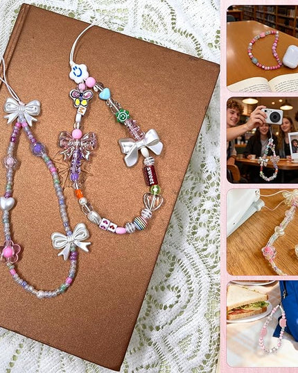 4 Pcs Phone Charms Cute Beaded Phone Pink Lanyard Wrist Strap Aesthetic Y2K Cellphone Wrist Strap Bow Butterfly Heart Star Flower for Camera Keychain Wallet Pendant Decor