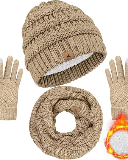 Winter Beanie Hat Scarf Gloves, Warm Fleece Knit Hats Touch Screen Gloves Neck Scarf Set Winter Gifts for Unisex Adult
