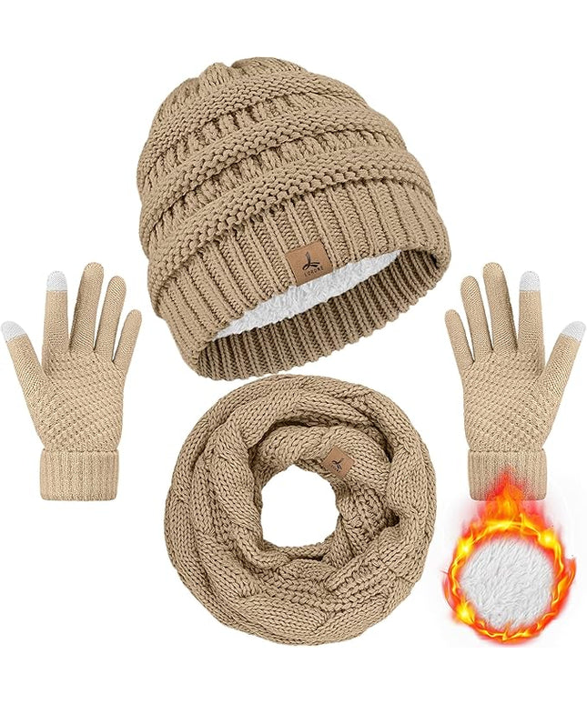 Winter Beanie Hat Scarf Gloves, Warm Fleece Knit Hats Touch Screen Gloves Neck Scarf Set Winter Gifts for Unisex Adult