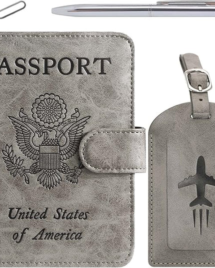 Passport Holder With Luggage Tag Cover Wallet RFID Blocking Leather Case Travel Essentials Accessories Travel Must Have(114#Grey)