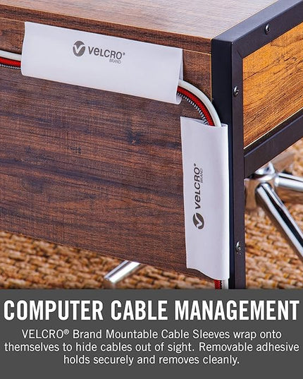 VELCRO Brand Cable Sleeves. Organize Messy Wires on Desk, Behind TV or Game Console. 16-Inch (2x8in) White. Removable Adhesive Mounts to Smooth Surfaces