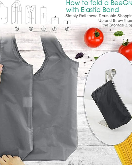 BeeGreen Grey Reusable Shopping Bags for Groceries 10 Pack Reusable Grocery Bags Washable 50LBS folding with Zipper Carry Pouch Tote Gift Bags Durable Polyester