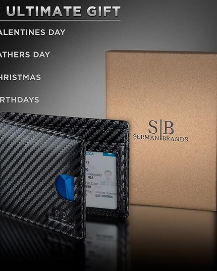 SERMAN BRANDS RFID Blocking Slim Bifold Genuine Leather Thin Minimalist Front Pocket Wallets for Men Billfold Wallet Men Gift