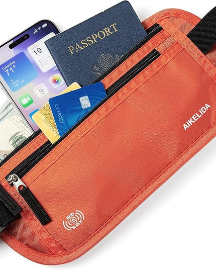 RFID Blocking Money Belt - Passport Holder & Travel Wallet, Slim Hidden Fanny Packs for Women Men - Orange