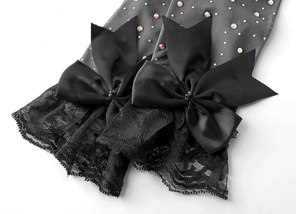 Lace Gloves for Women - Short Bow Rhinestone Tulle Sheer Sparkly Evening Stretchy Gloves for Wedding Opera Party