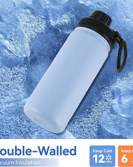 DOMICARE 16 oz Kids Water Bottle for School Stainless Steel Double Wall Vacuum Insulated Water Bottle with Straw lids & Spout Lid, Leakproof BPA Free (Light Blue,1)