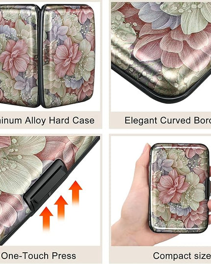 ELFISH Mini RFID Aluminum Wallet Credit Cards Holder Business Card Case Metal ID Case for Men Women（Happy Flower