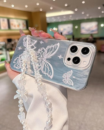 for iPhone 15 Plus Case, [Glitter Butterfly Pattern Print][Stylish Design with Bracelet Wrist Strap] PC+TPU Shockproof and Anti-Drop Case for Women and Girls